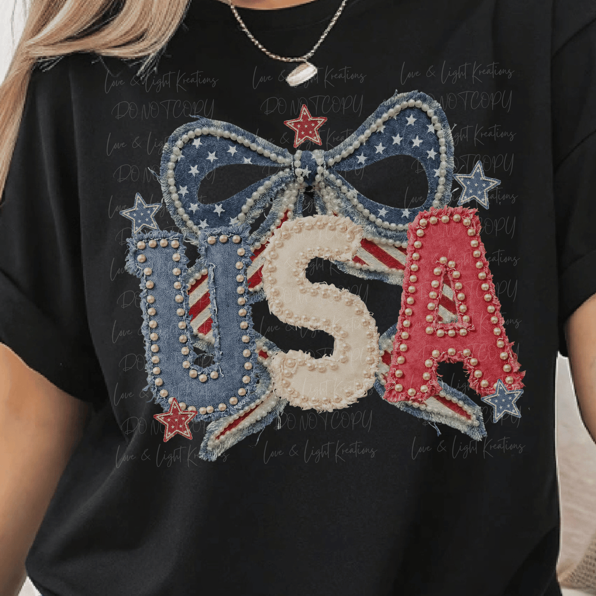 Patchwork USa With Coquette Bow and Faux Pearls