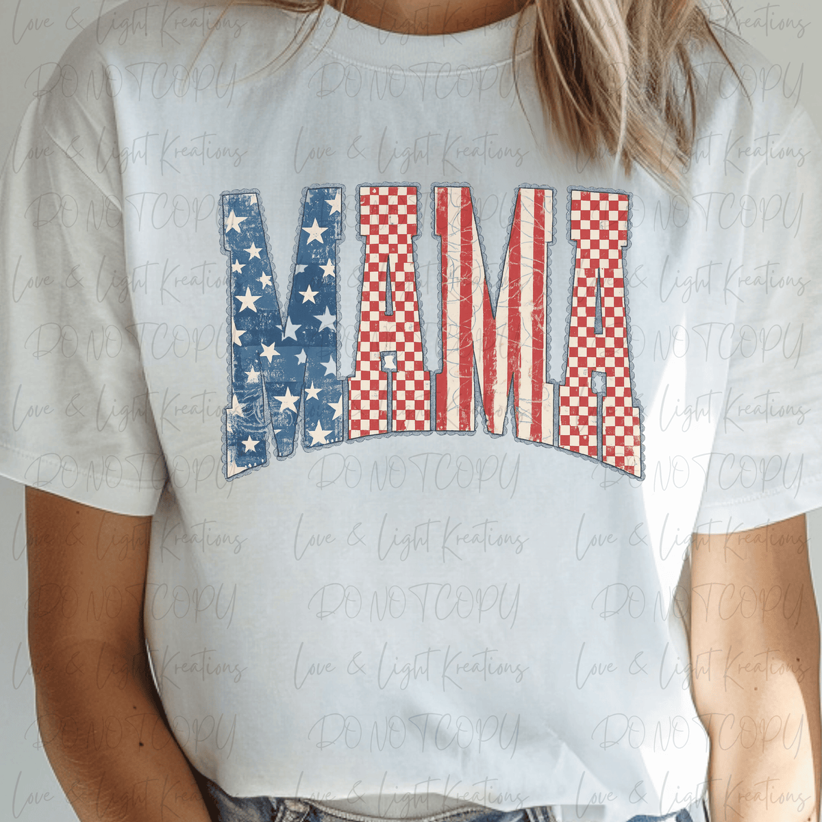 Patriotic Mama with Blue Stars, Red Stripes and Checkered Print