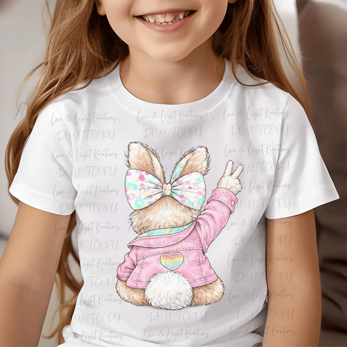 Peace Easter Bunny with Bow and Jacket with Rainbow Heart