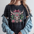 Pink Floral Cow Skull and Cacti