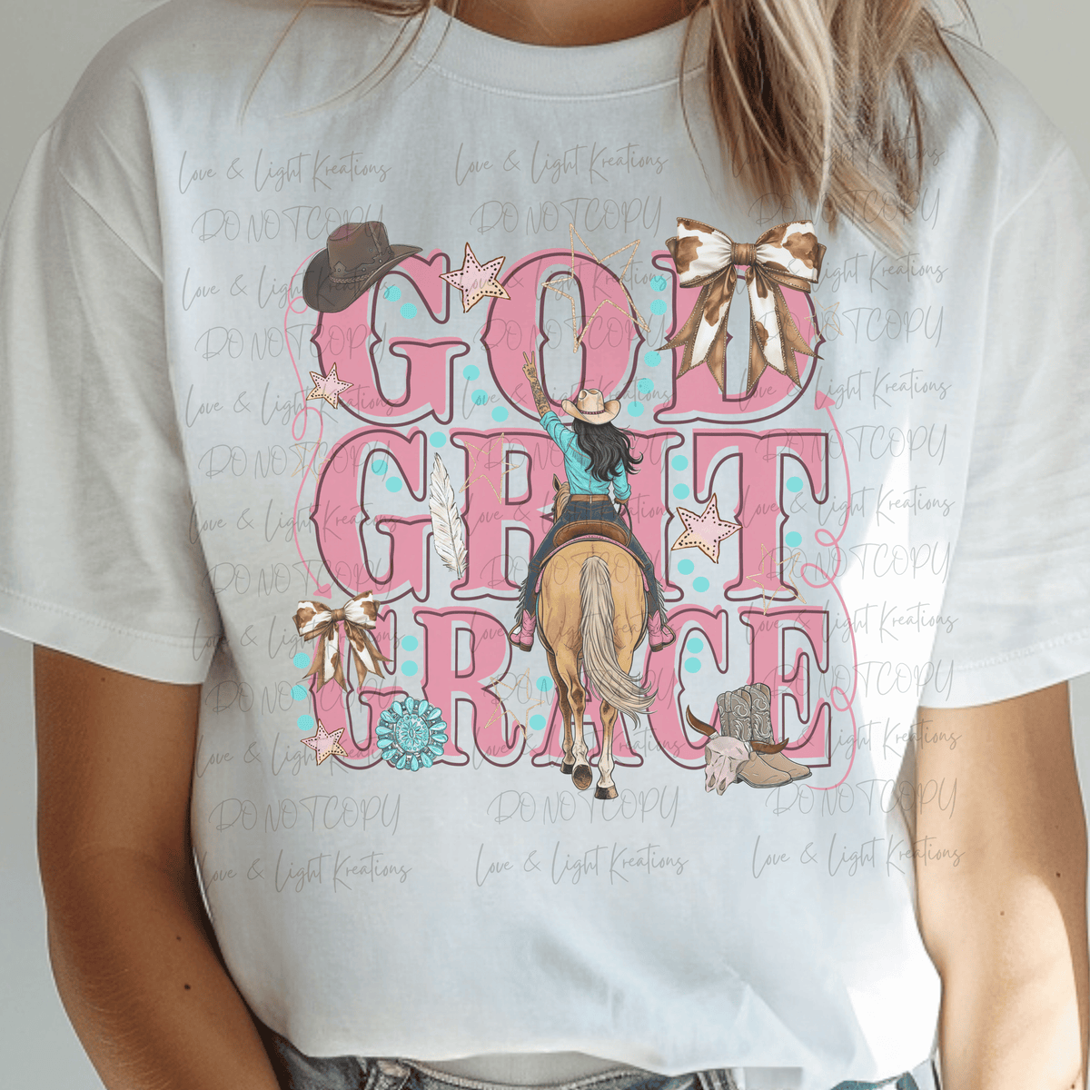 Pink God Grit Grace with Horse and Black Hair Rider