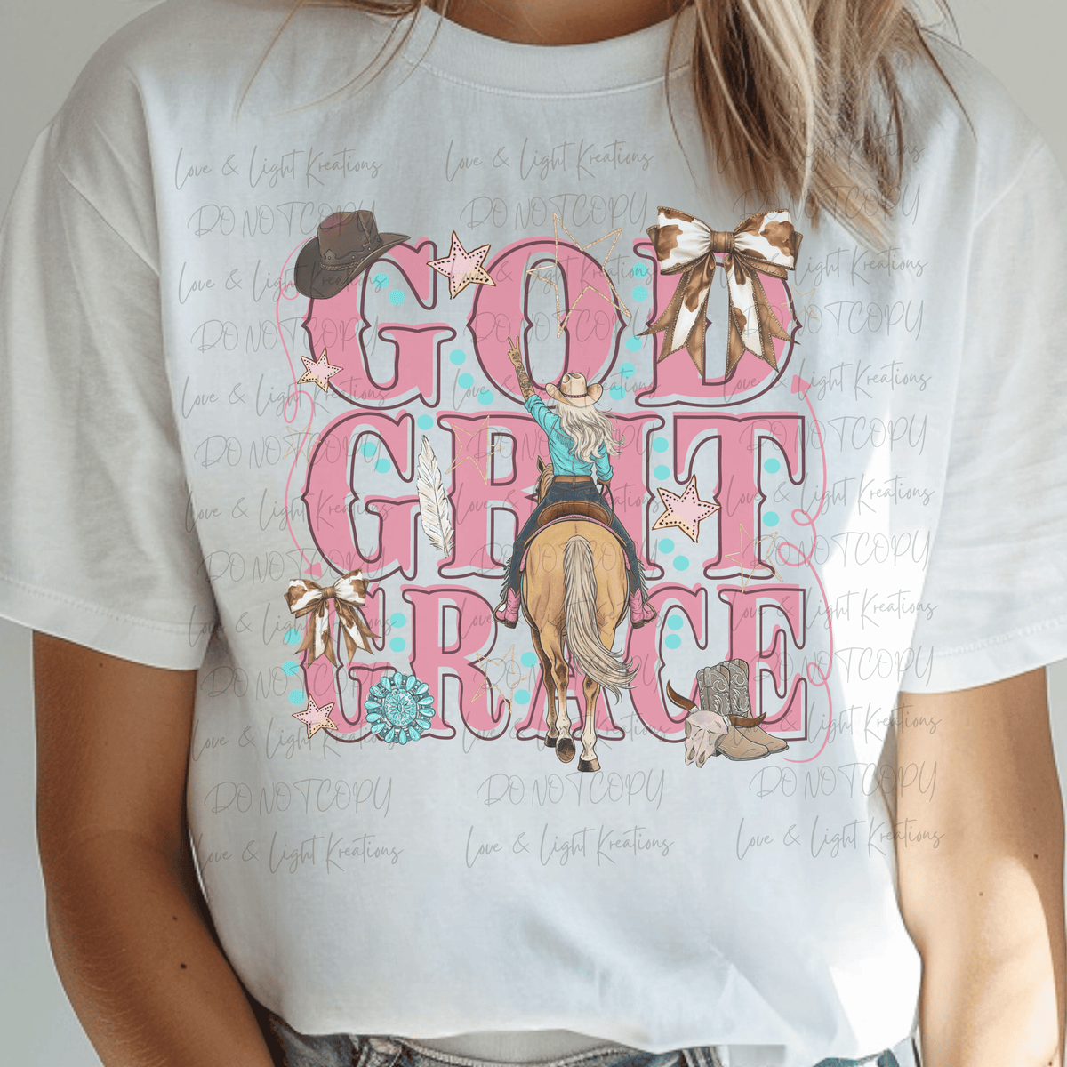 Pink God Grit Grace with Horse and Blonde Rider