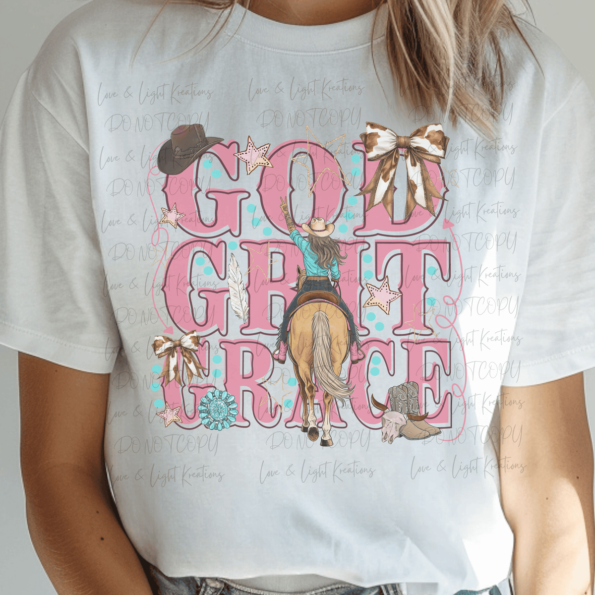 Pink God Grit Grace with Horse and Brunette Rider