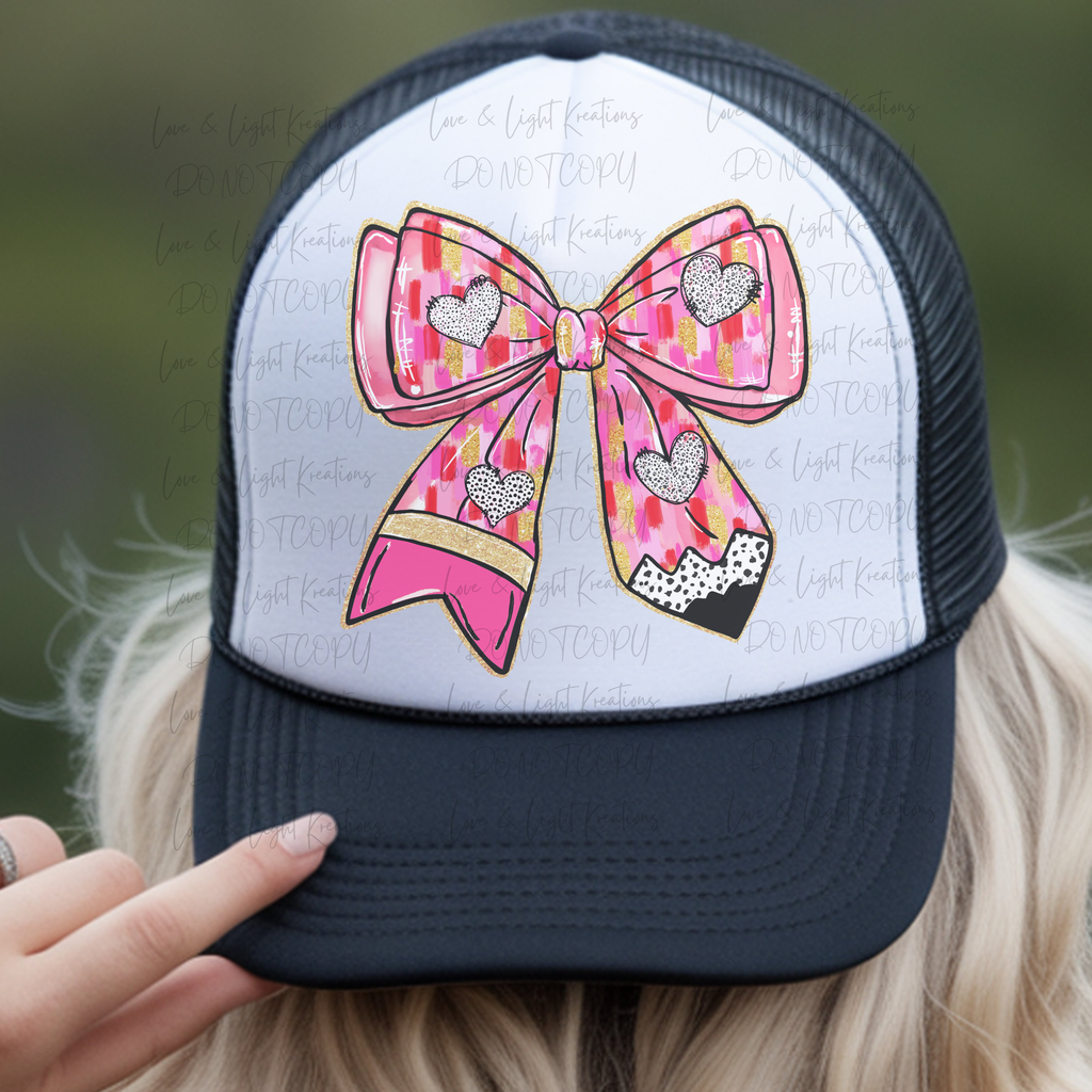 Pink Paint Stroke Pencil Coquette Bow with Hearts