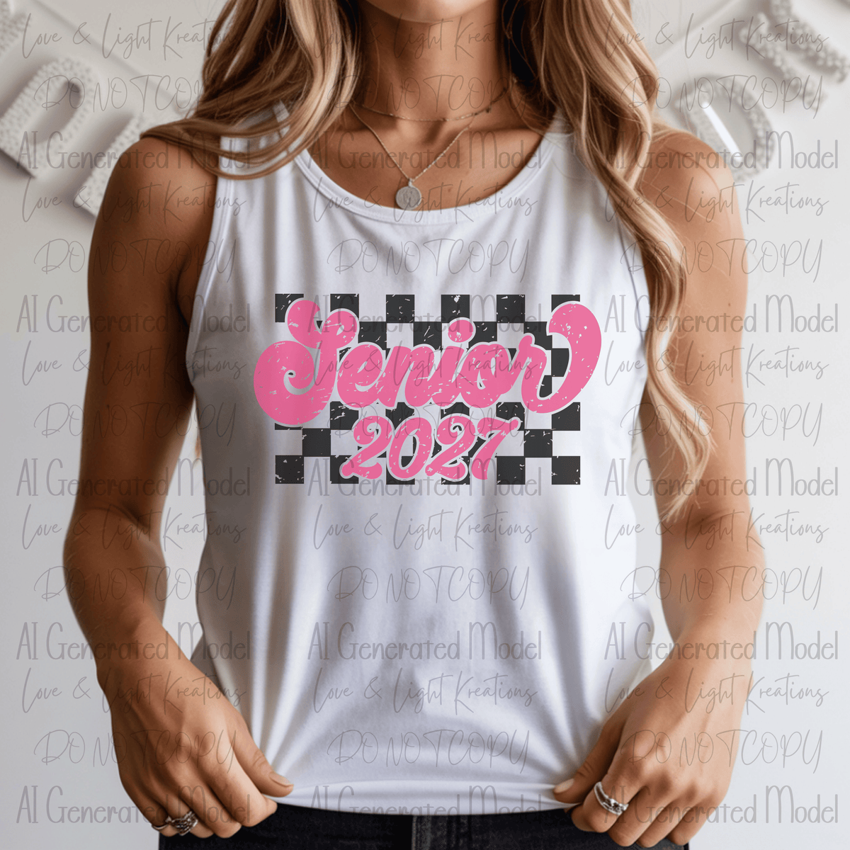 Pink Senior 2027 Black Checker Distressed