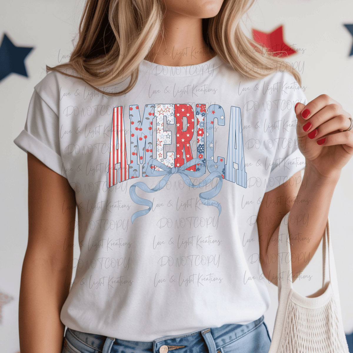 Preppy America with Blue Coquette Bow 4th of July