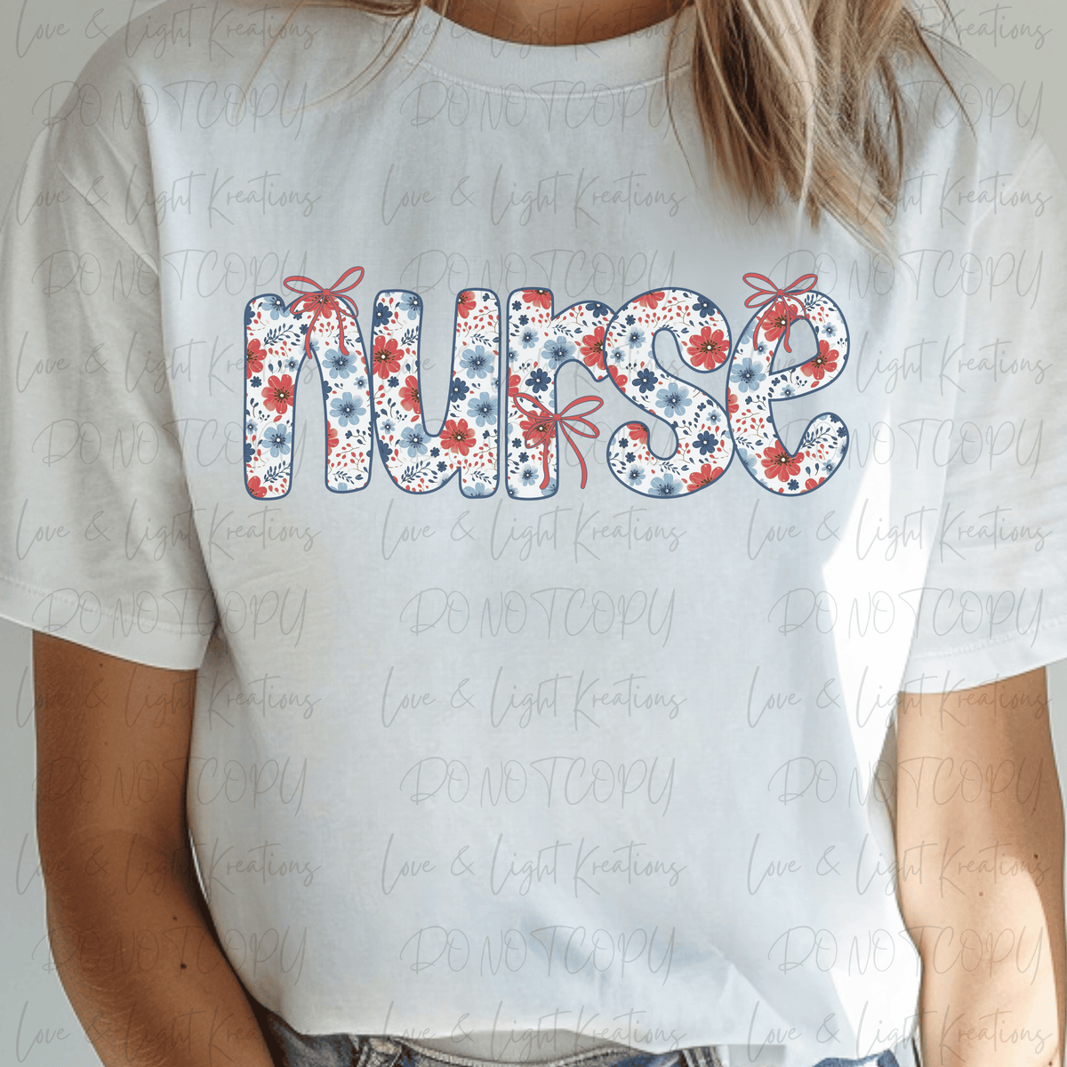 Preppy Nurse with Red, White, and Blue Floral Print and Bows