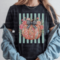 Preppy Paint Stroke Floral Pumpkin with Checker Bow
