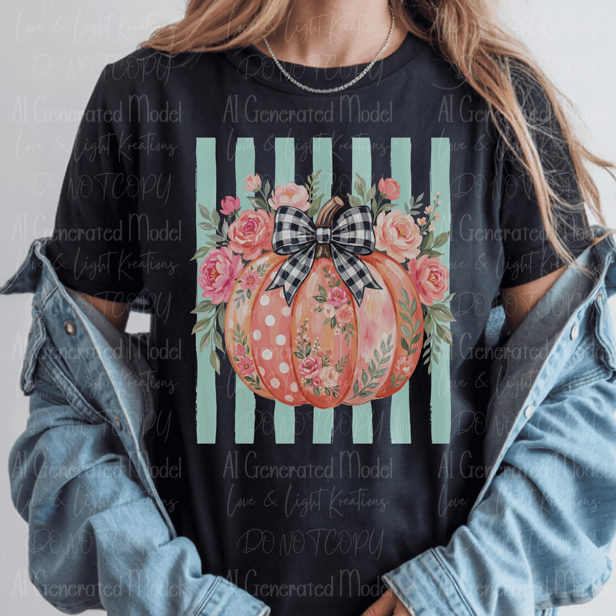Preppy Paint Stroke Floral Pumpkin with Checker Bow