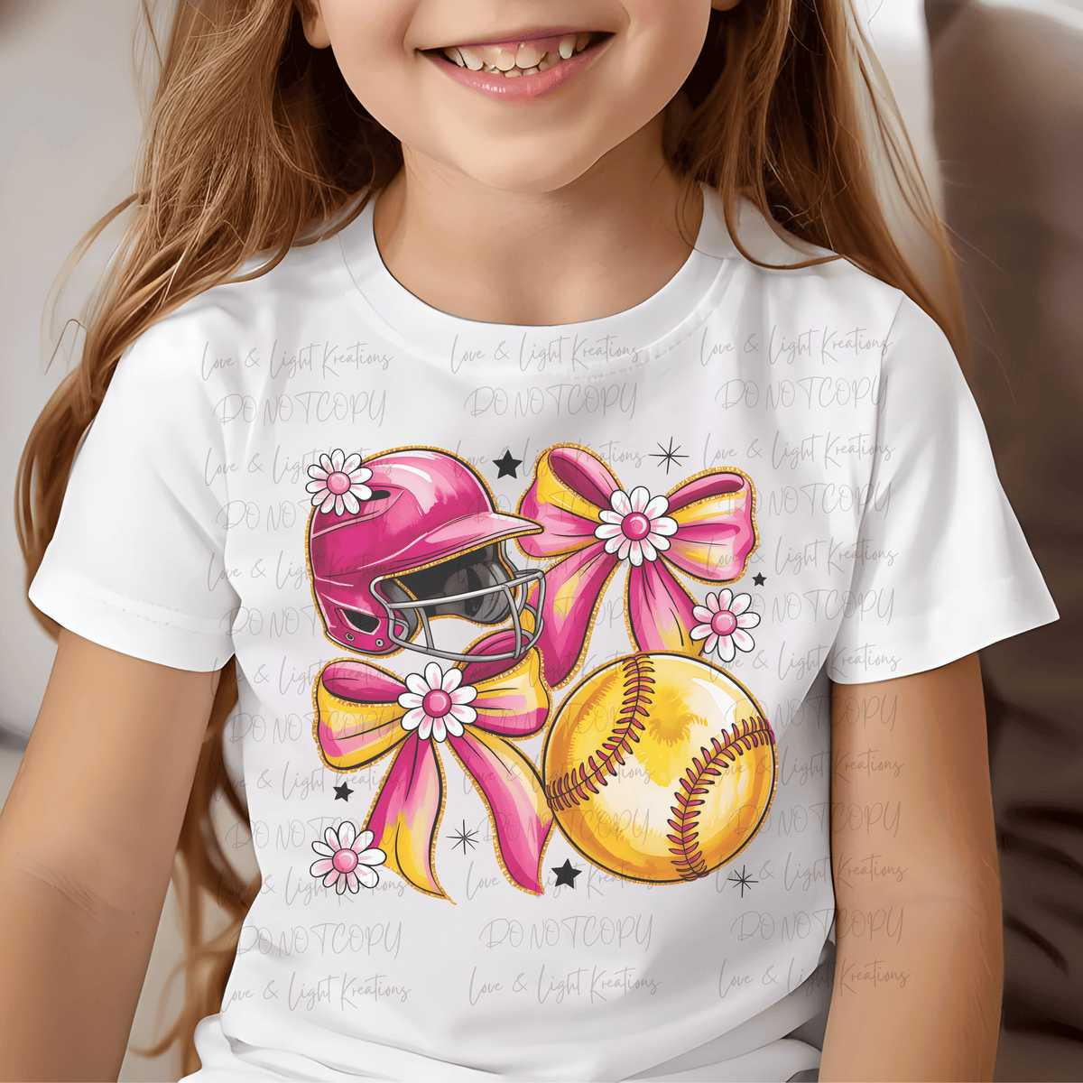 Preppy Pink and Yellow Softball, Helmet and Bows with Flowers