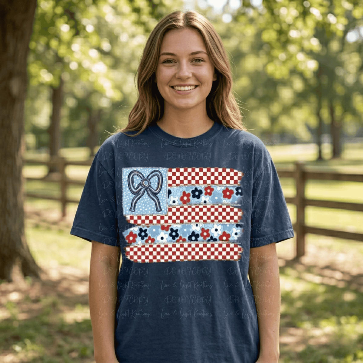 Preppy USA Flag with Red Checkered and Floral Stripes 4th of July