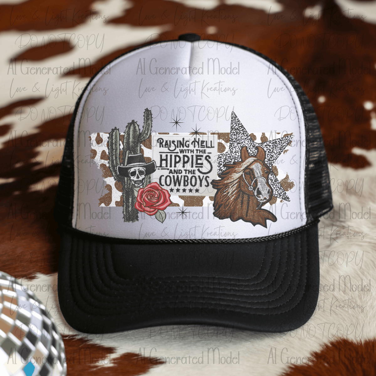 Raising Hell with the Hippies and the Cowboys Edgy Western Horse and Skull with Rose