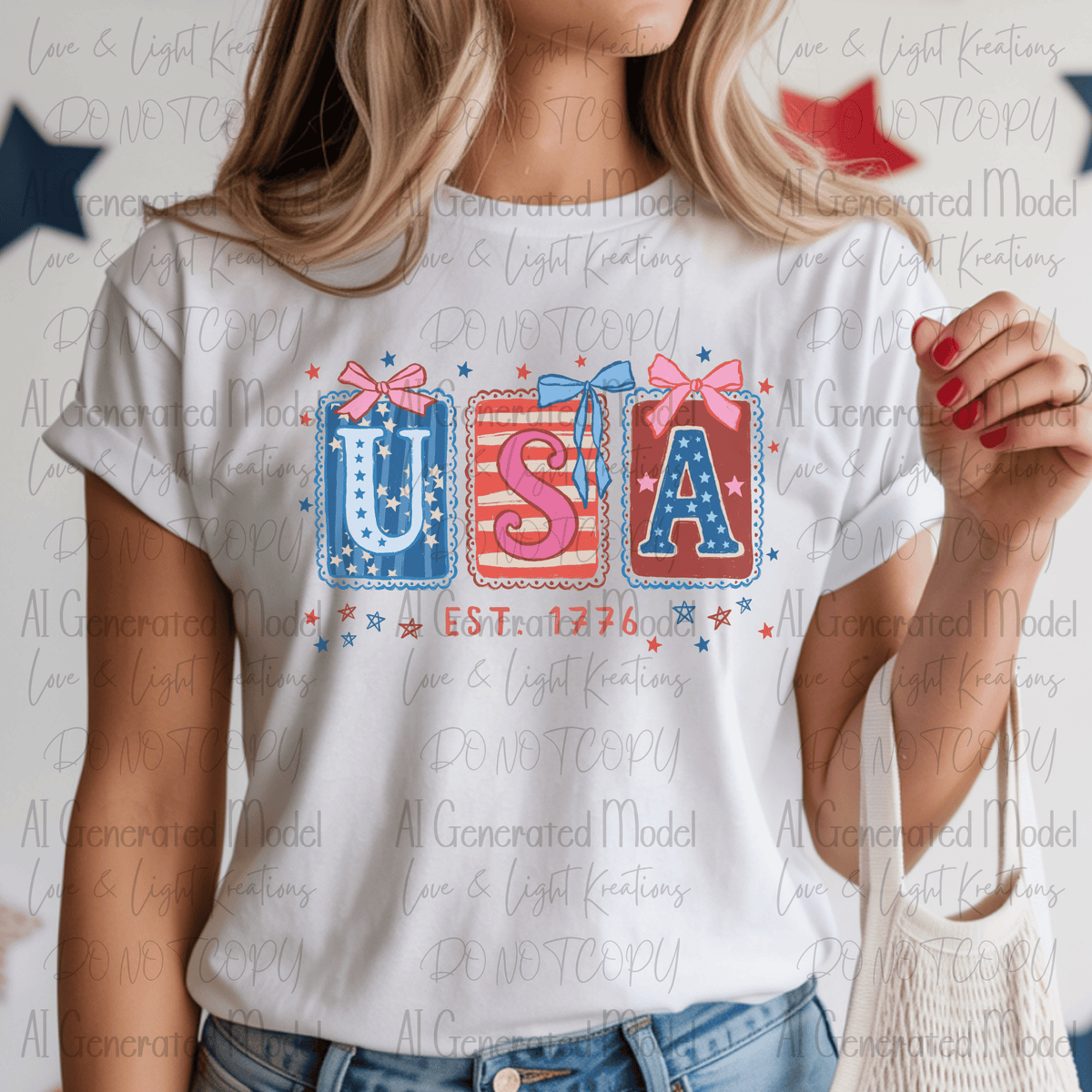 Red, White and Blue USA Stamps with Coquette Bows Handdrawn