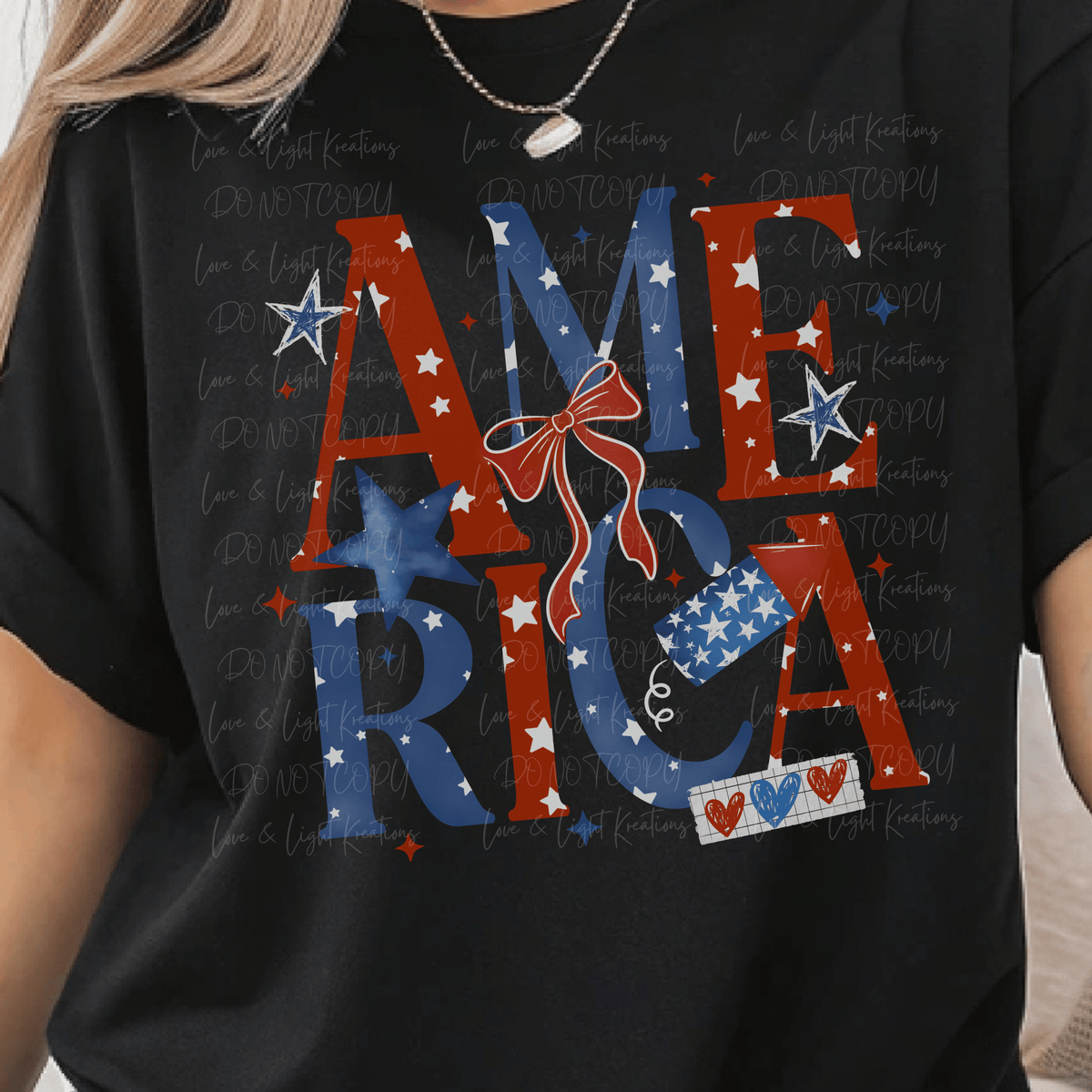 Red and Blue America with White Stars and Red Bow and Firework