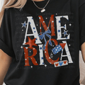 Red and White America with Blue Stars and Red Bow and Firework