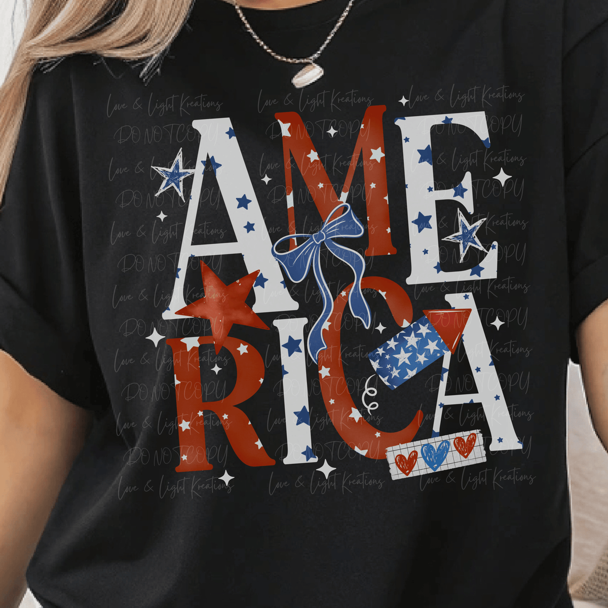 Red and White America with Blue Stars and Red Bow and Firework