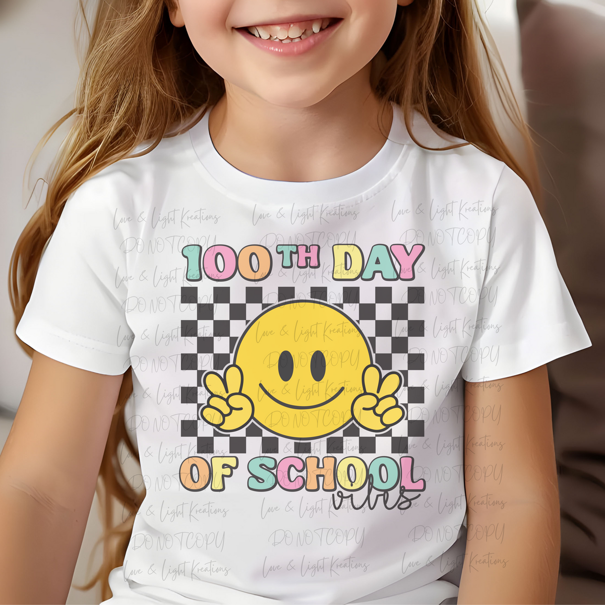 Retro 100th Day of School Vibes Checkered with Peace Sign Smiley