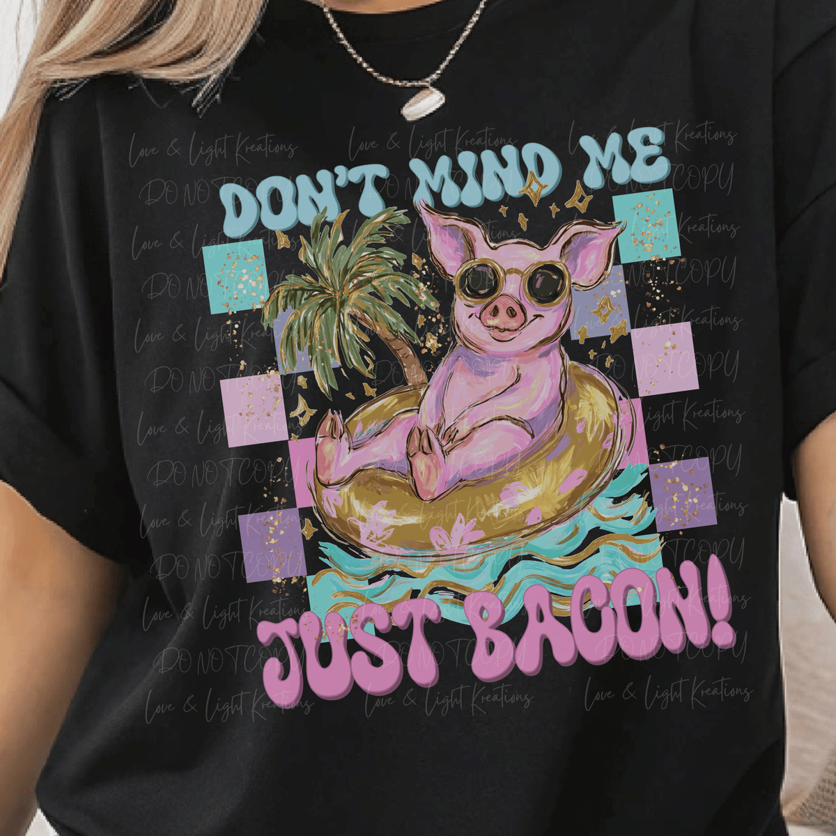 Retro Hand-drawn Don't Mind Me Just Bacon with Floating Pig