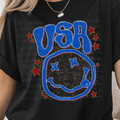 Retro Hand-drawn USA Smiley and Red Stars and Faux Sparkle