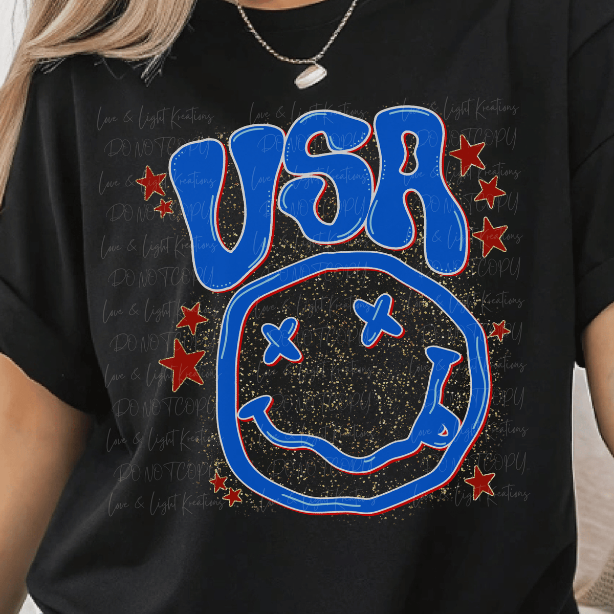 Retro Hand-drawn USA Smiley and Red Stars and Faux Sparkle