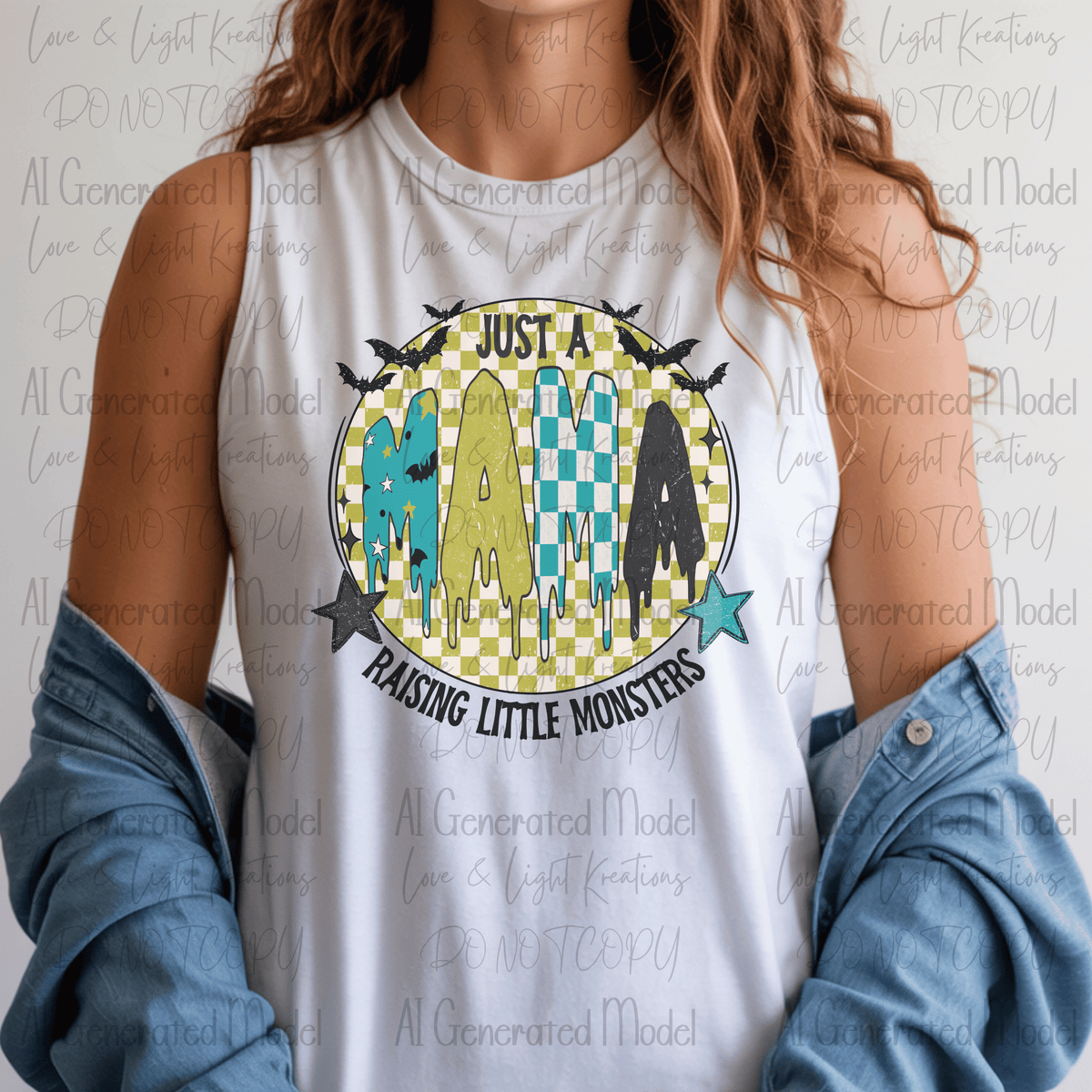 Retro Just A Mama Raising Little Monsters Green Checkered Circle