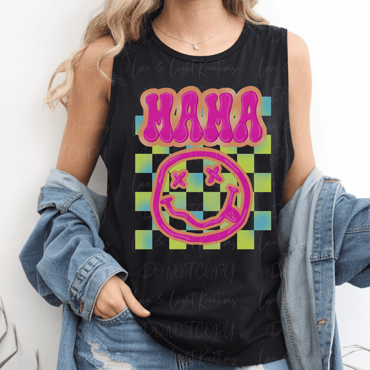 Retro Mama Crossed Eyes Smiley Blue and Yellow Checkered