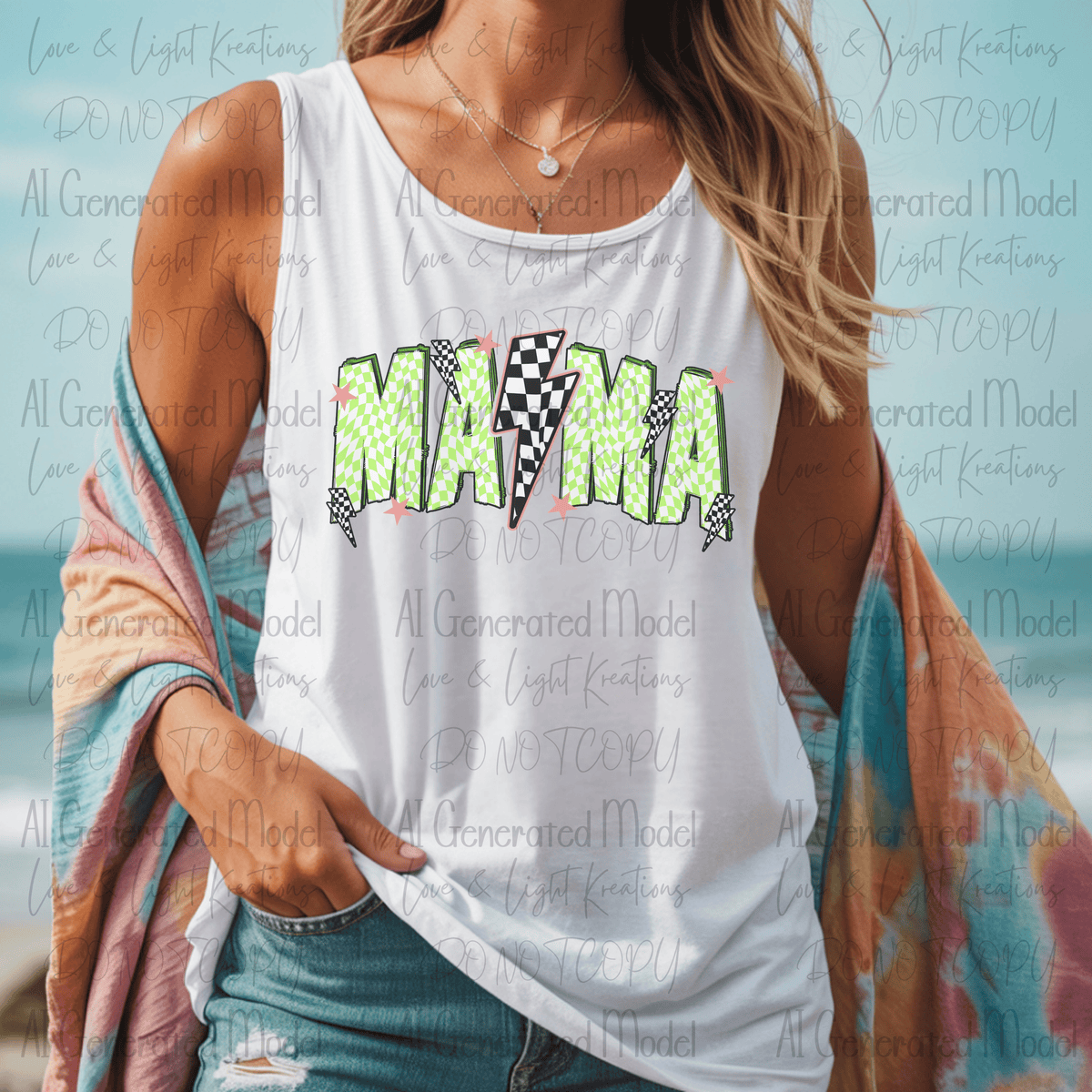 Retro Mama Green and Black Checkered Lightening Bolts