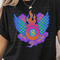 Retro Neon Eight Ball with Flames and Wings