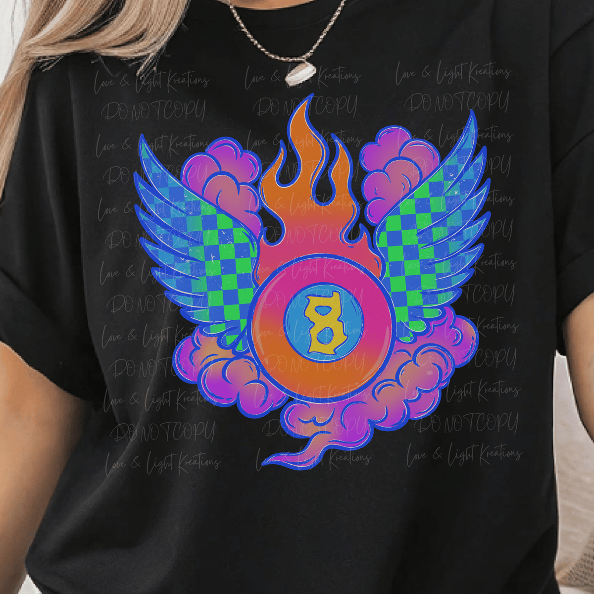 Retro Neon Eight Ball with Flames and Wings