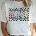 Retro Nurse with Flowers and Checkered Distressed