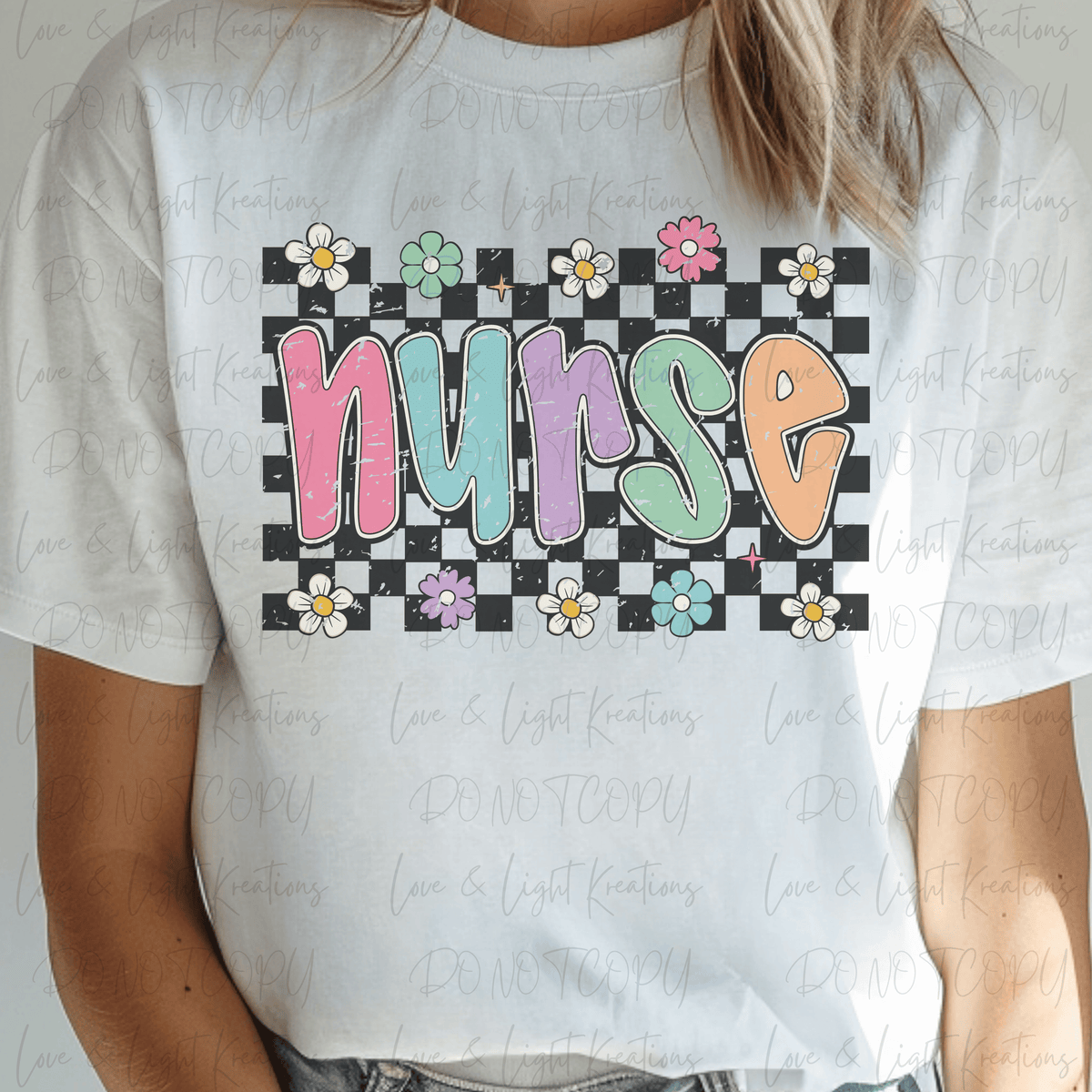 Retro Nurse with Flowers and Checkered Distressed