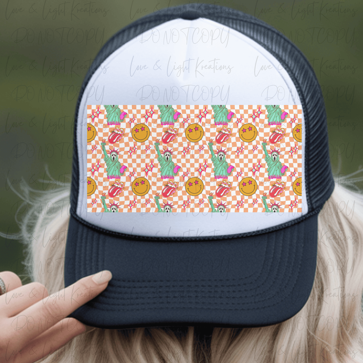 Retro Statue of Liberty Scream with Smiley Face and Orange Checkered Hat Background