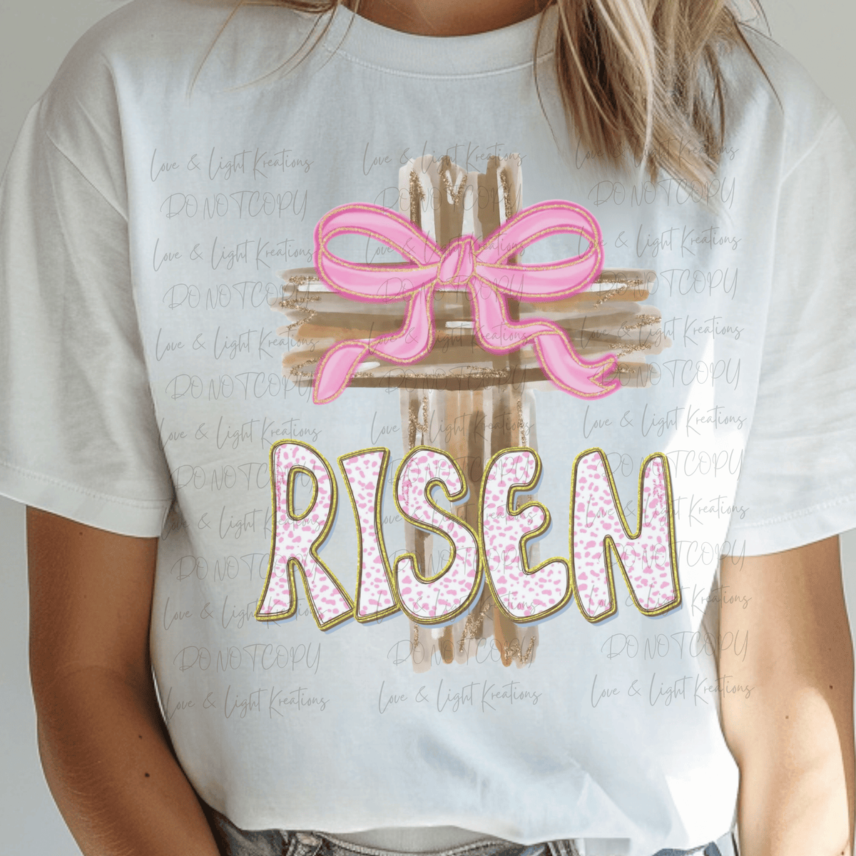 Risen with Watercolor Paint Stroke Cross and Pink Bow
