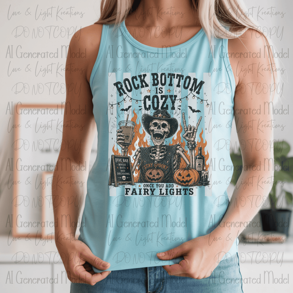 Rock Bottom is Cozy Once You Add Fairy Lights Edgy Cowboy Skeleton with Drink