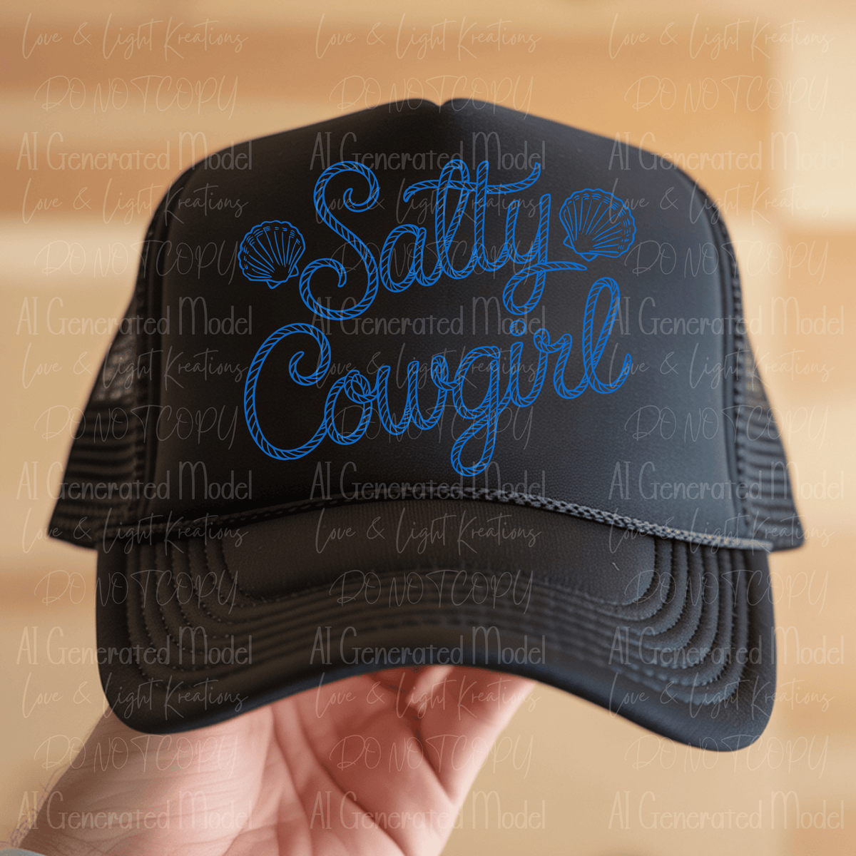 Salty Cowgirl Rope Script Blue Shells