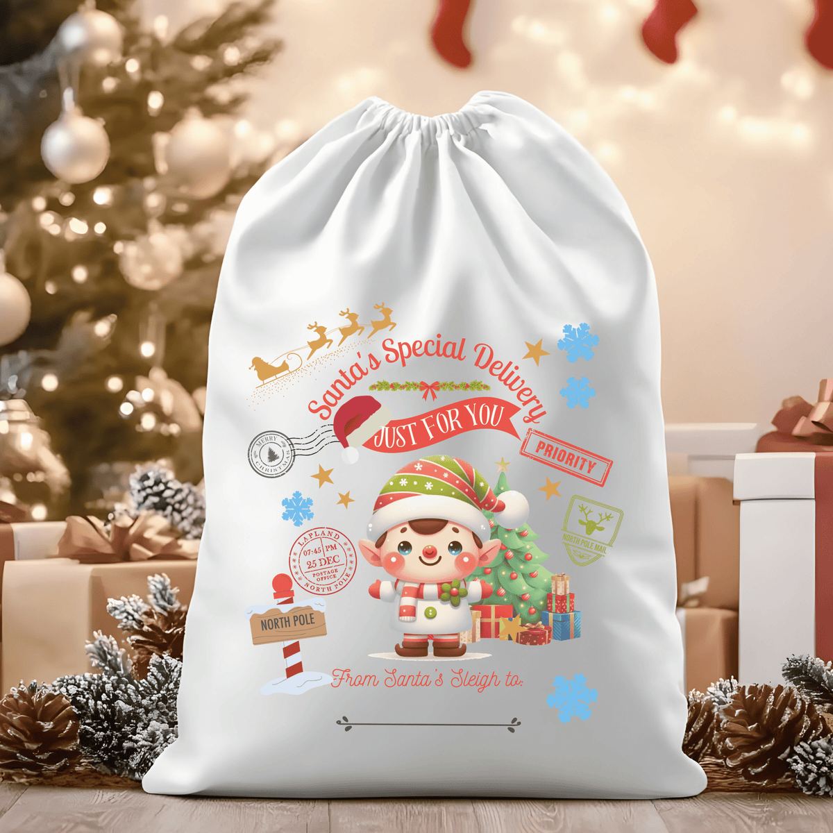 Santa's Special Delivery Boy Elf White Outfit Santa Sack