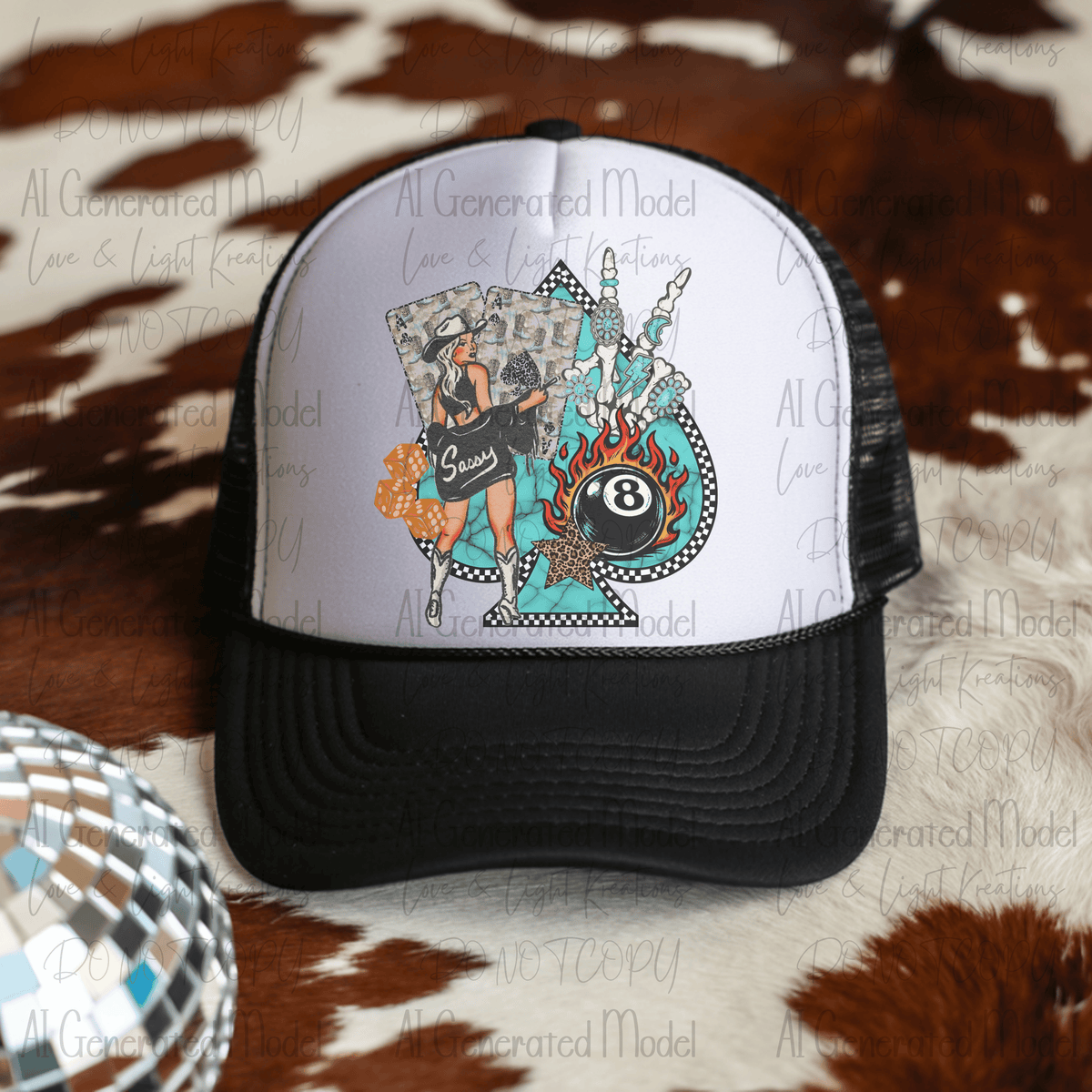 Sassy Cowgirl Fire Eight Ball Peace Skeleton Hand Turquoise Spade