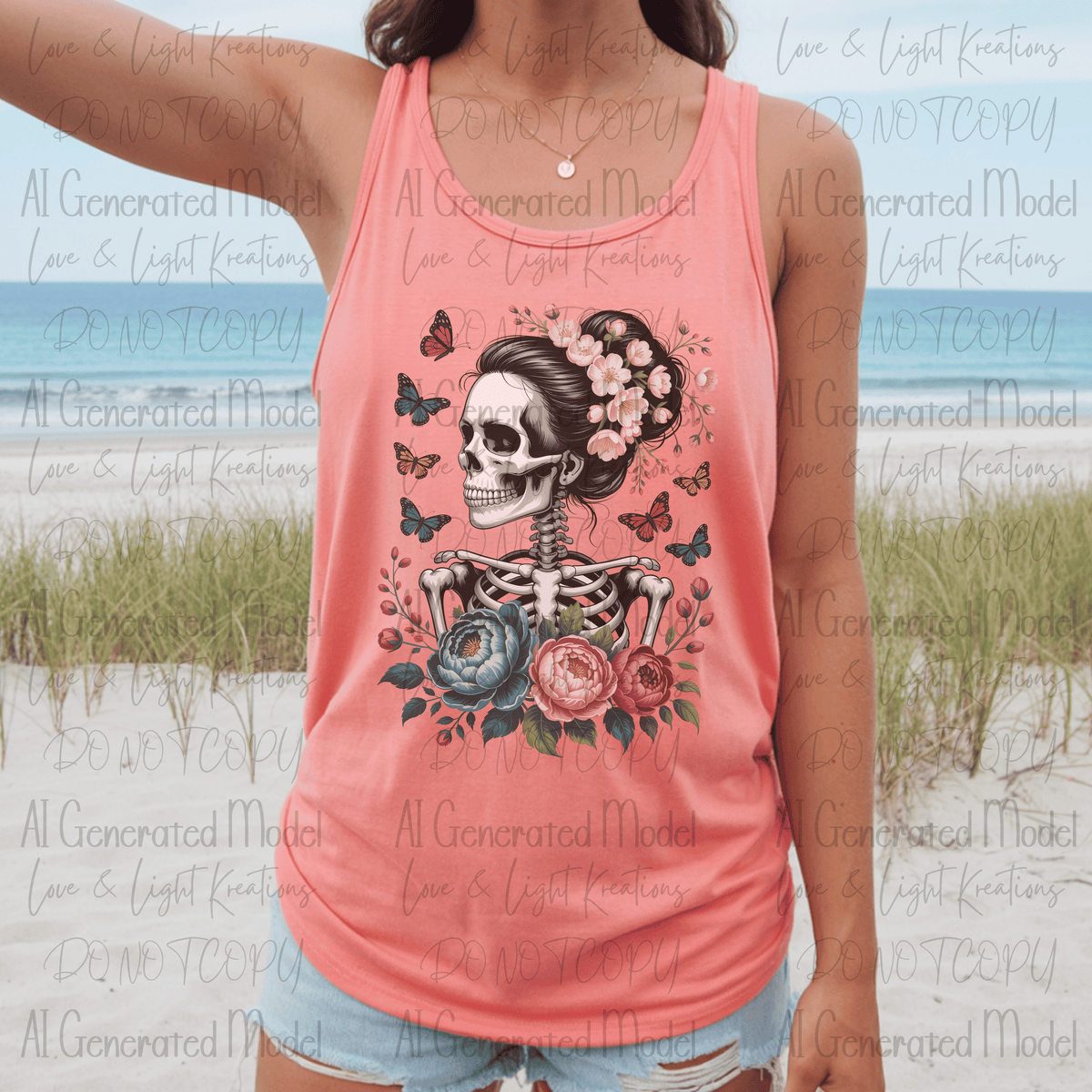 Skeleton with Flowers and Butterflies