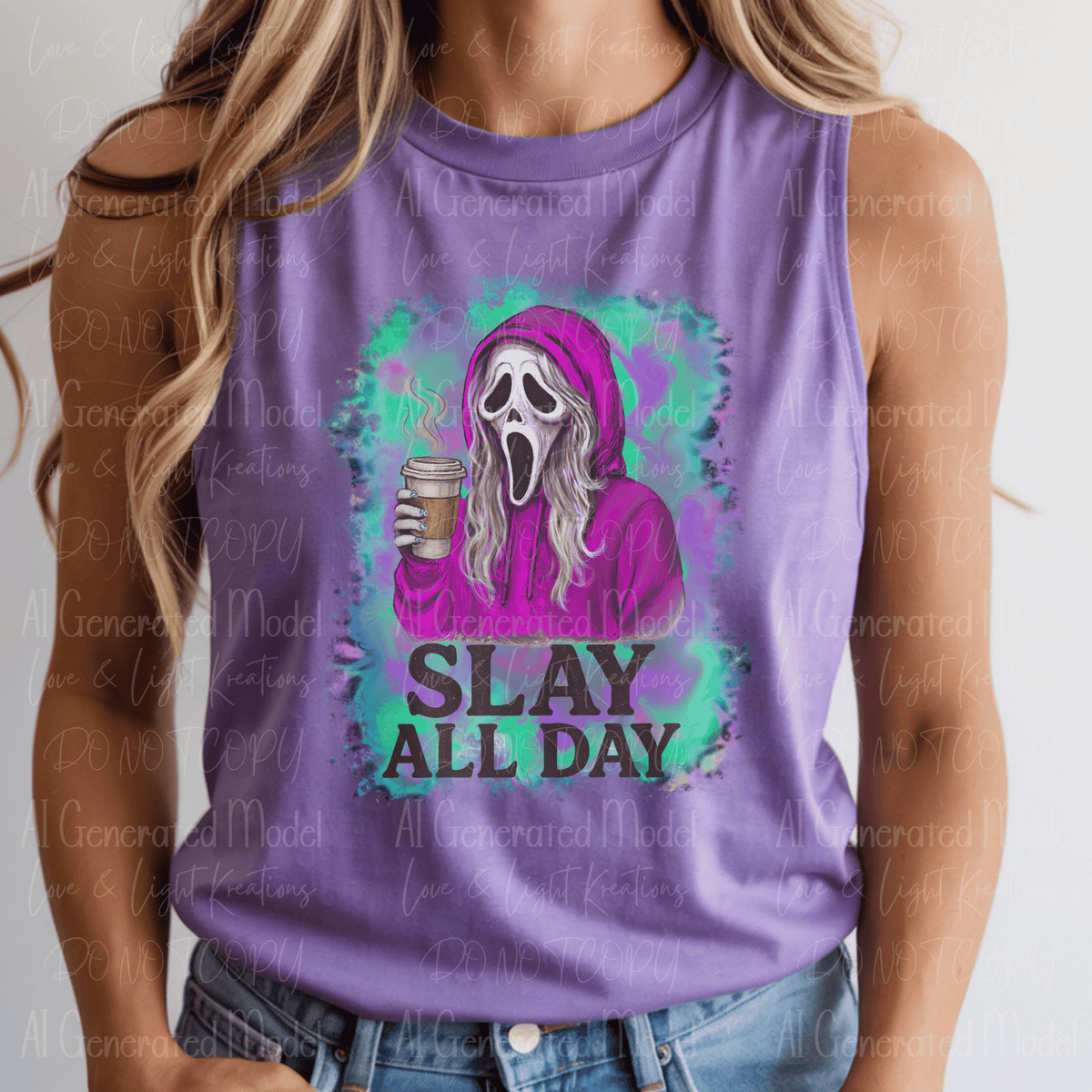 Slay All Day Neon Ghost Girl with Coffee