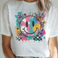 Smiley with Bright Colored Paint Flowers and Checkered