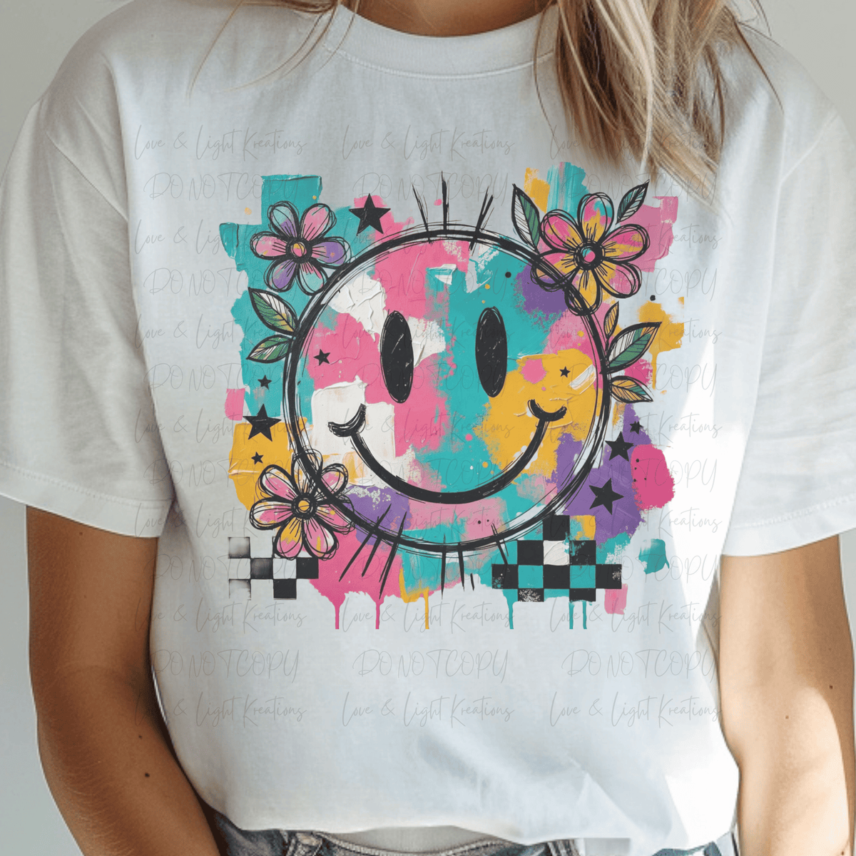 Smiley with Bright Colored Paint Flowers and Checkered
