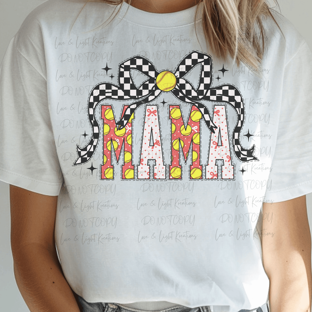Softball Mama with Pattern Letters and Checkered Coquette Bow