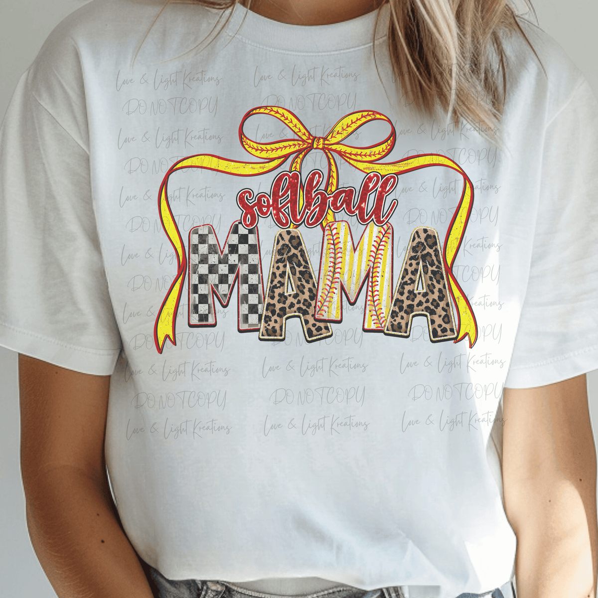 Softball Mama with Patterned Letters and Yellow Coquette Bow