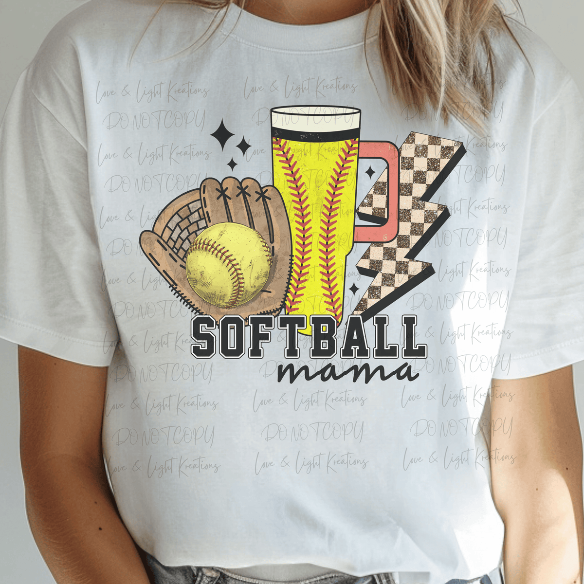 Softball Mama with Tumbler and Checkered Lightening Bolt