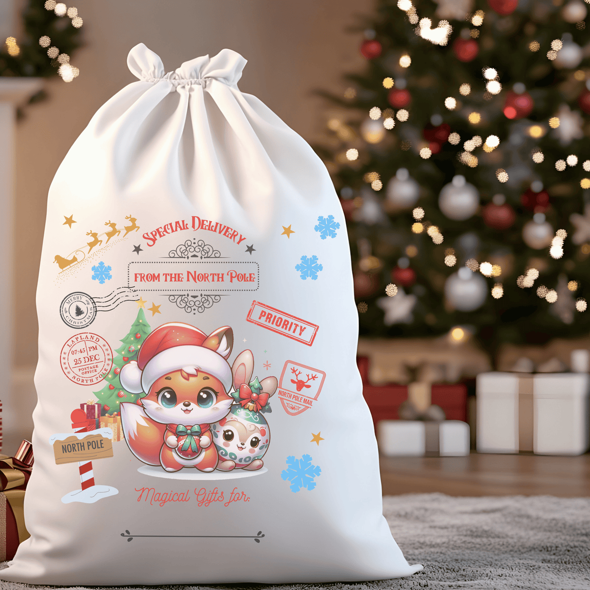 Special Delivery Cute Fox and Rabbit Santa Sack