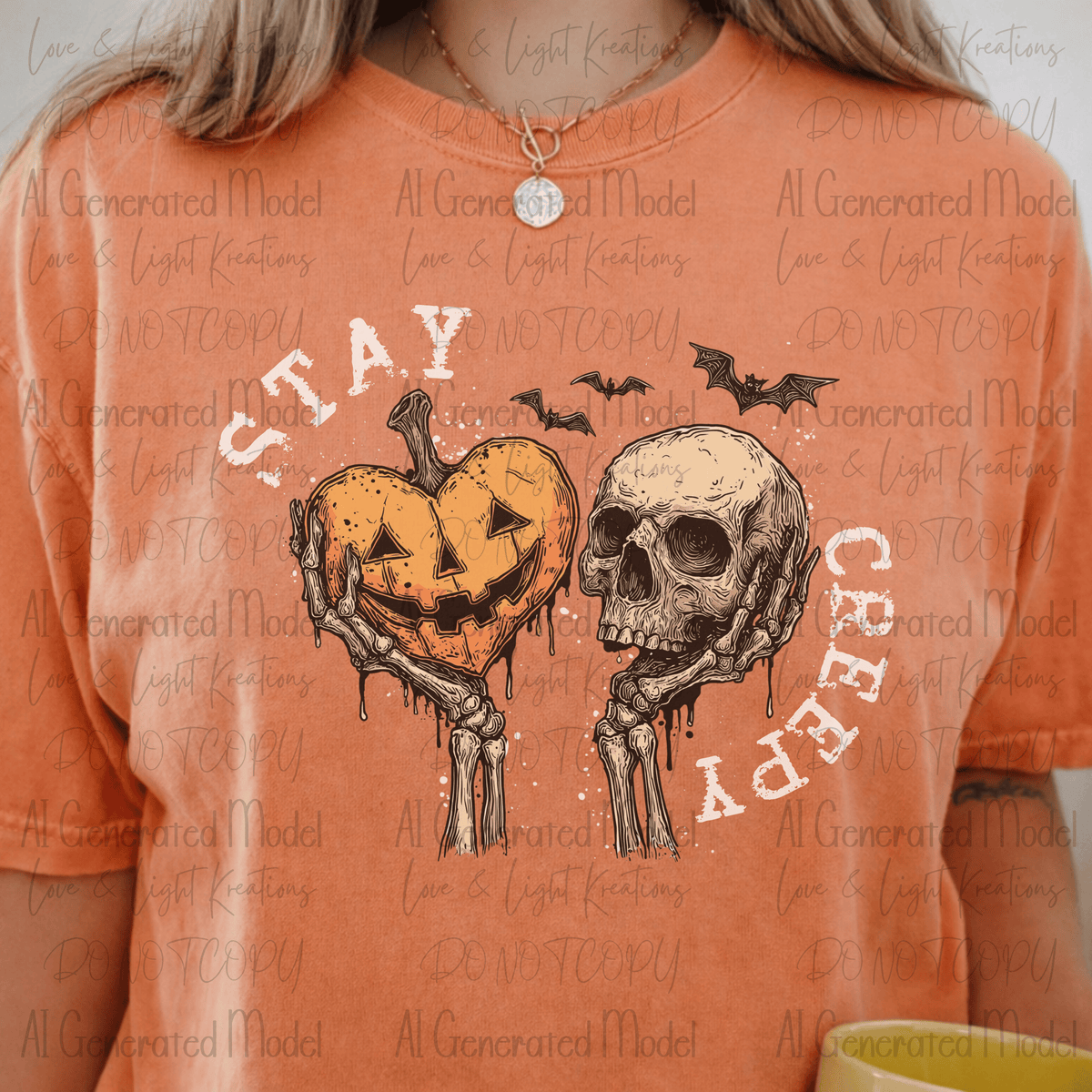 Stay Creepy Skeleton with Jack-o-Lantern Heart White