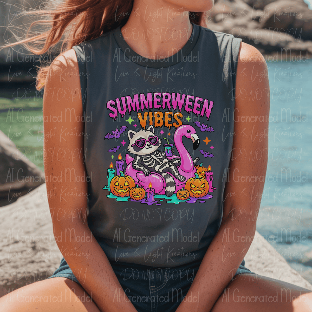 Summerween Vibes Racoon in a Skeleton Costume with Flamingo Float, Bats, and Jack-o-lanterns