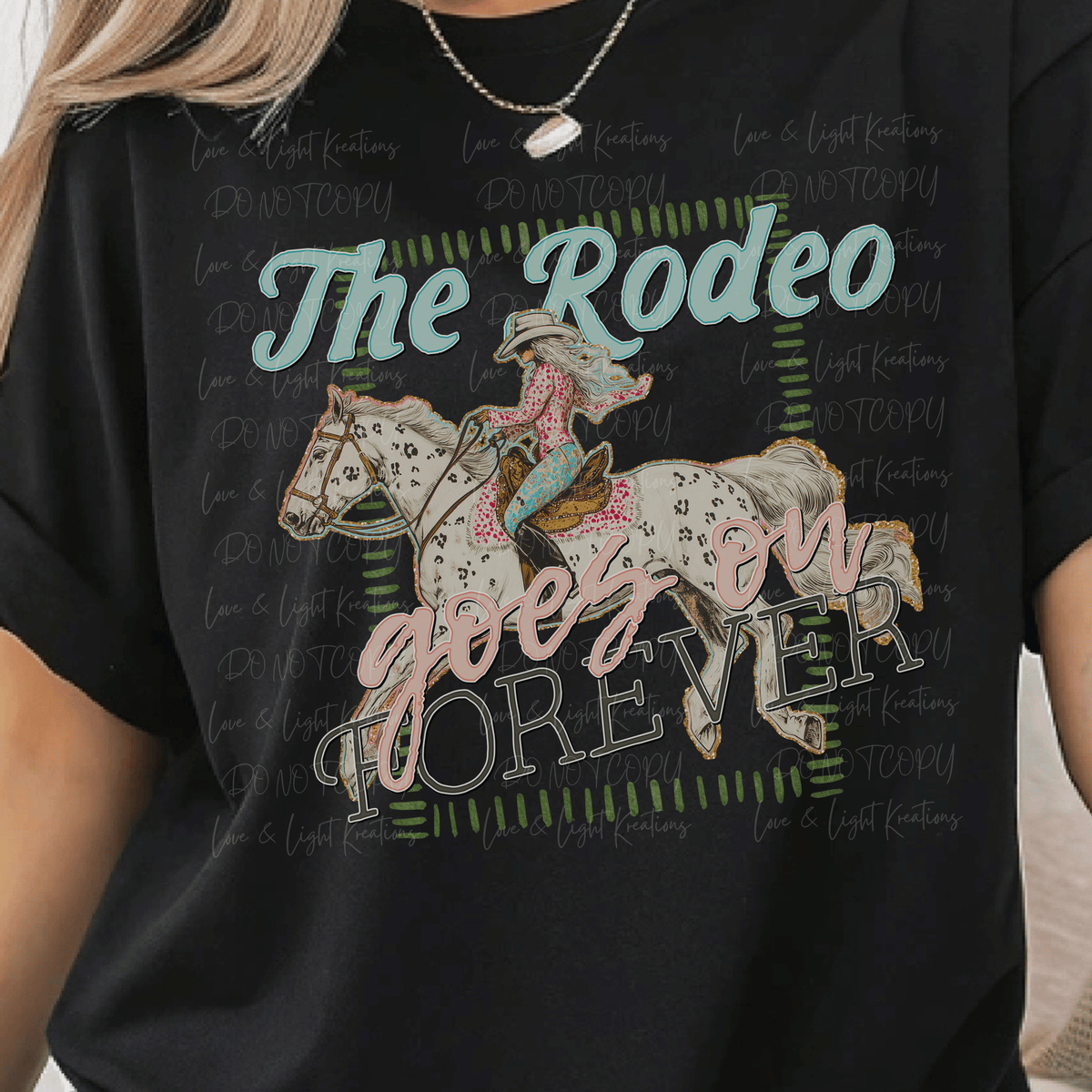 The Rodeo Goes on Forever with Cowgirl Riding White Horse
