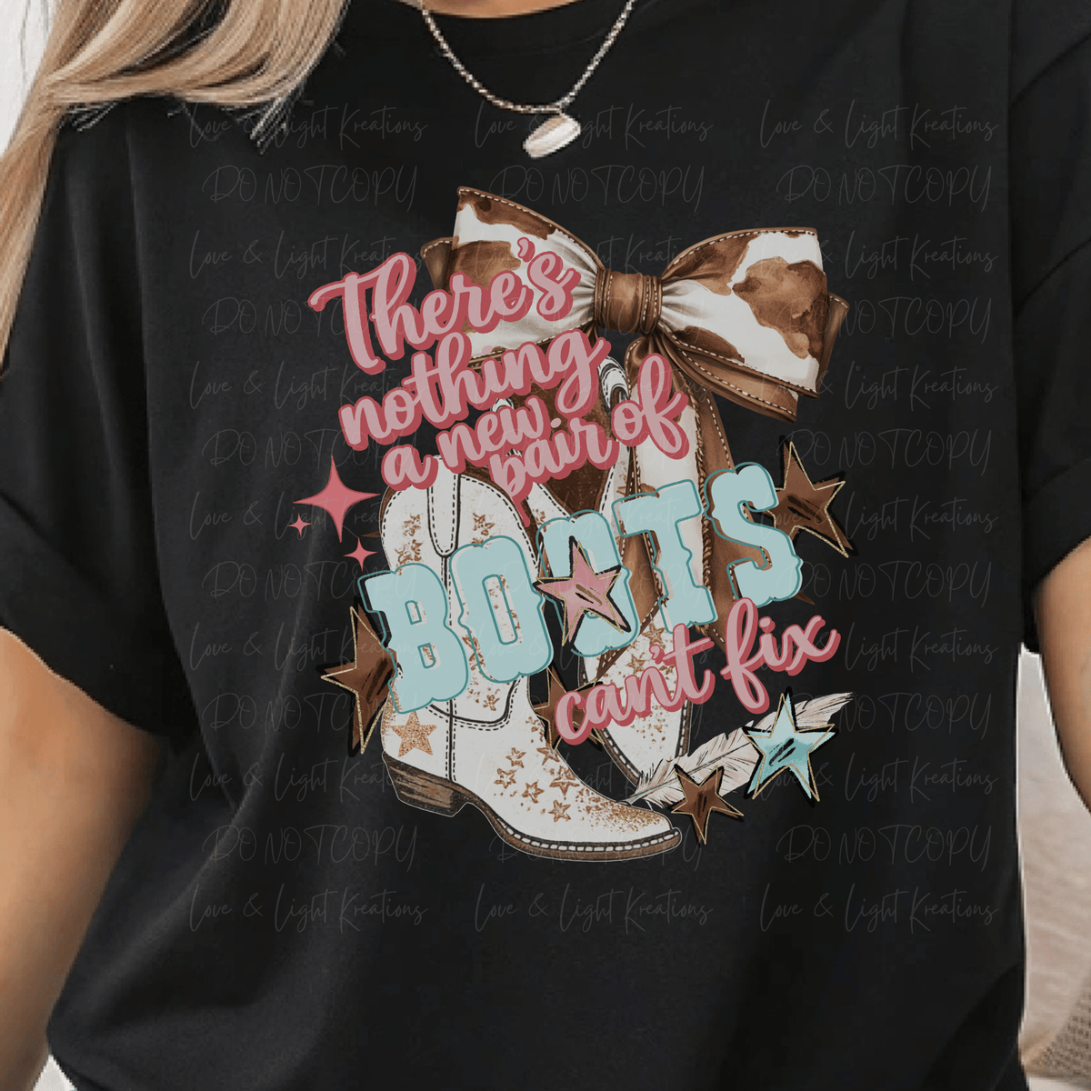 There's Nothing a New Pair of Boots Can't Fix with White Boots and Cow Print Coquette Bow
