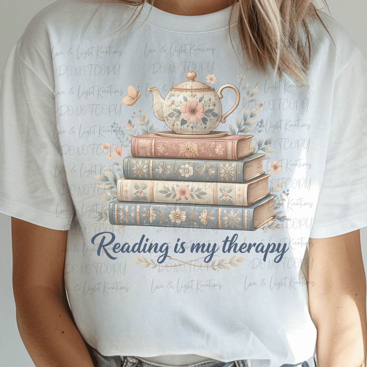 Vintage Reading is my Therapy with Book Stack and Tea Pot